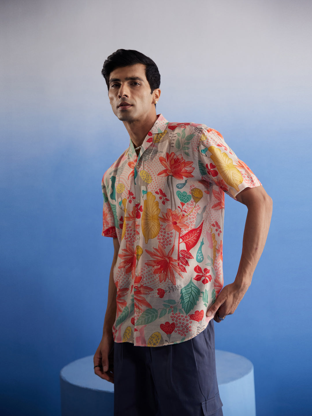 SHVAAS BY VASTRAMAY Men's Multicolor Floral Printed Half Shirt