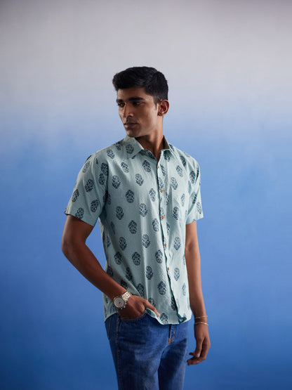 SHVAAS BY VASTRAMAY Men's Mint Green Ethnic Motif Printed Cotton Shirt