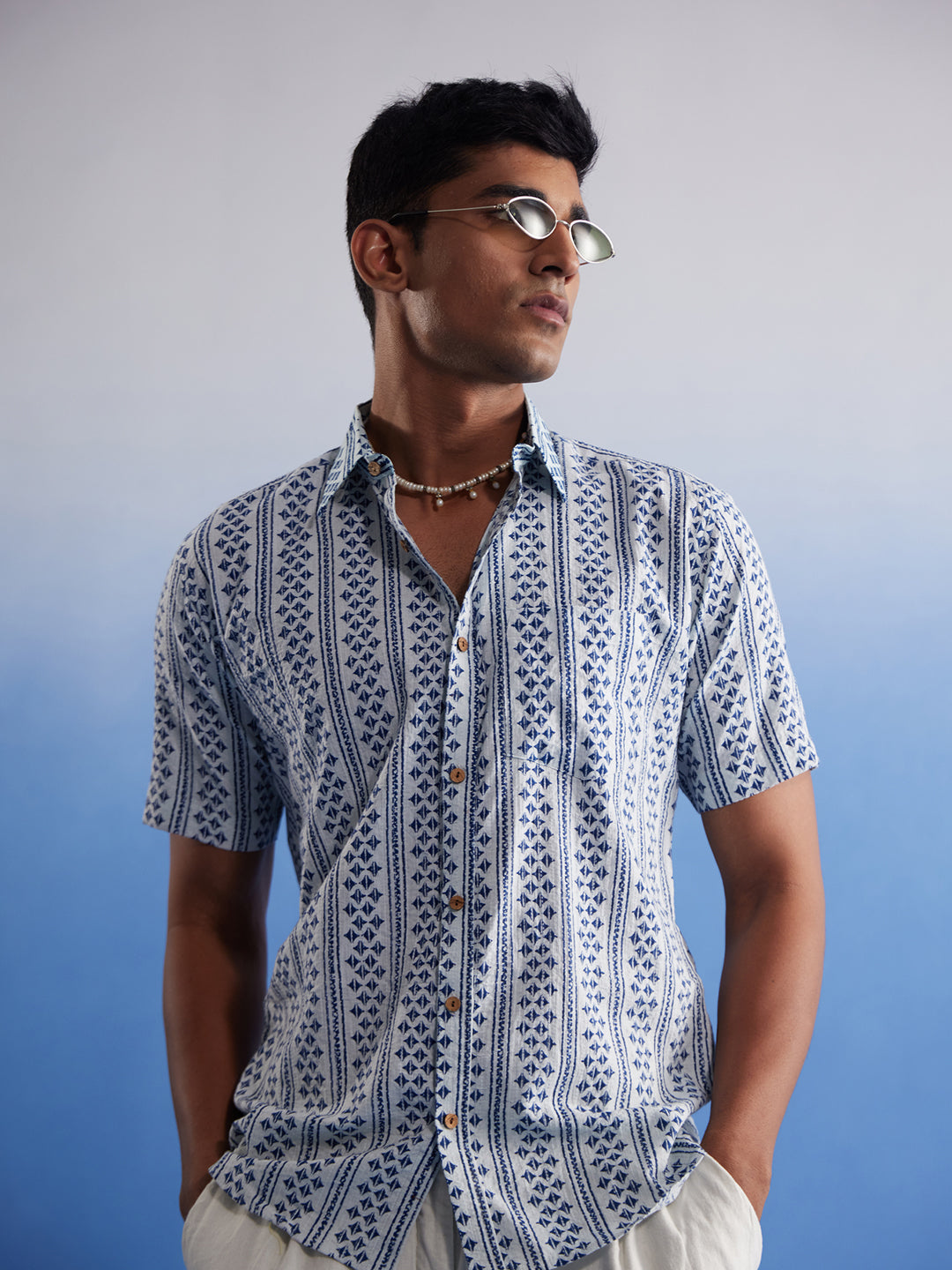 SHVAAS BY VASTRAMAY Men's White And Blue Kantha Stich Cotton Shirt