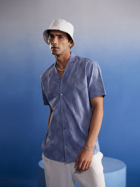 SHVAAS BY VASTRAMAY Men's Aqua Blue Hakooba Shirt