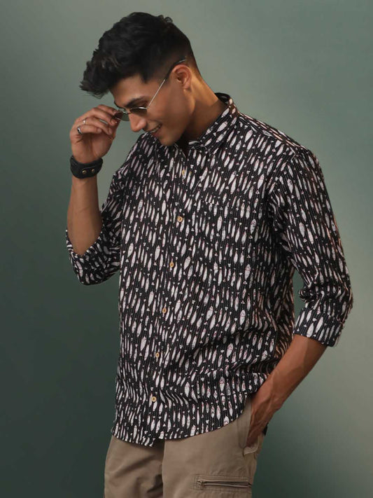 Vastramay Men's Black Fish Motif Printed Cotton Blend Stripes Shirt