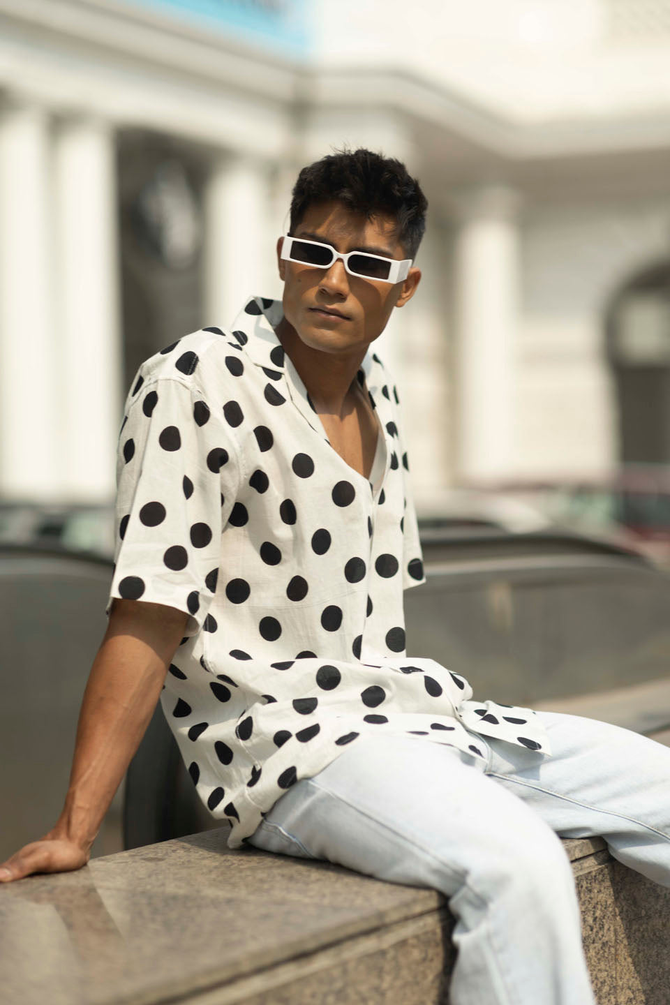 SHVAAS By VASTRAMAY Men's White And Black Polka Dot Print Cotton Shirt