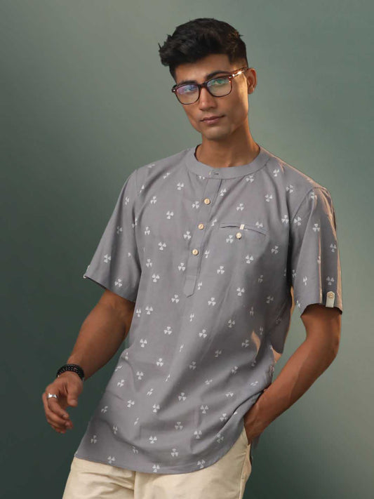 Vastramay Men's Grey Cotton Jacquard Short Kurta