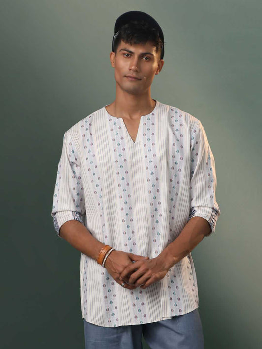 Vastramay Men's Off White Geometric Weaved Cotton Short Kurta