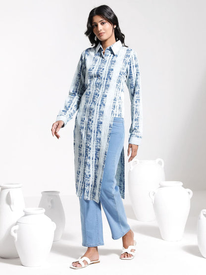 VASTRAMAY Women's Blue Indigo Denim Look Cotton Shirt Style Kurta