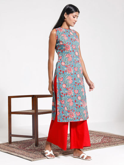 VASTRAMAY Women's Blue And Red Kalamkari Kurta Palazzo Set