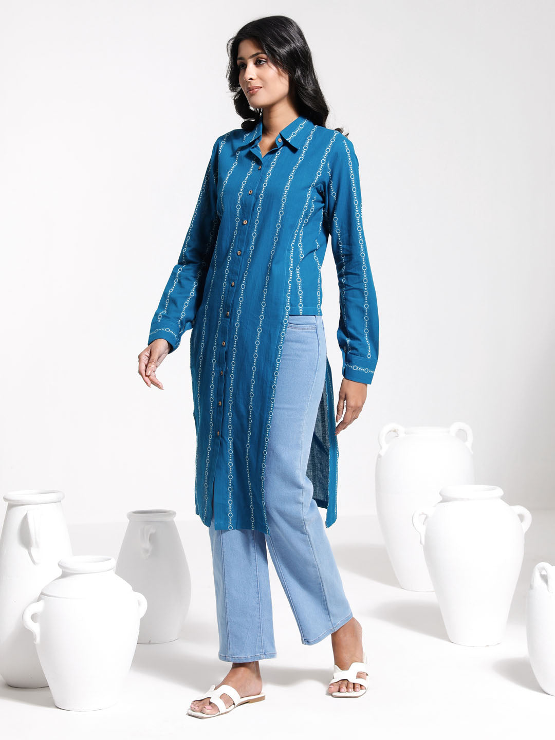 VASTRAMAY Women's Blue Jacquard Cotton Shirt Style Kurta