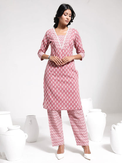 VASTRAMAY Women's Pink Printed Cotton Kantha Kurta Pant Set