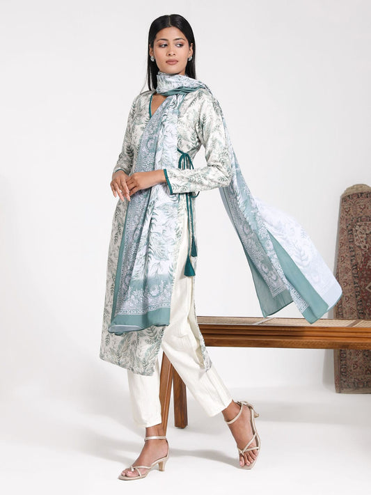 VASTRAMAY Women's Tropical Print Angrakha Kurta Set With Dupatta