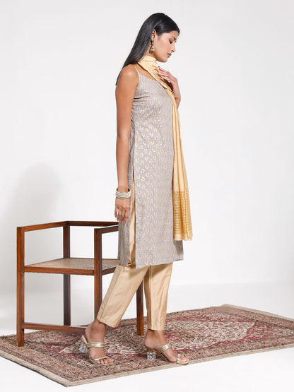 VASTRAMAY Women's Grey Foil Printed Rayon Kurta Set With Dupatta