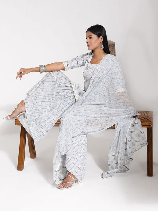 VASTRAMAY Women's Grey Summer Cotton Sharara Set