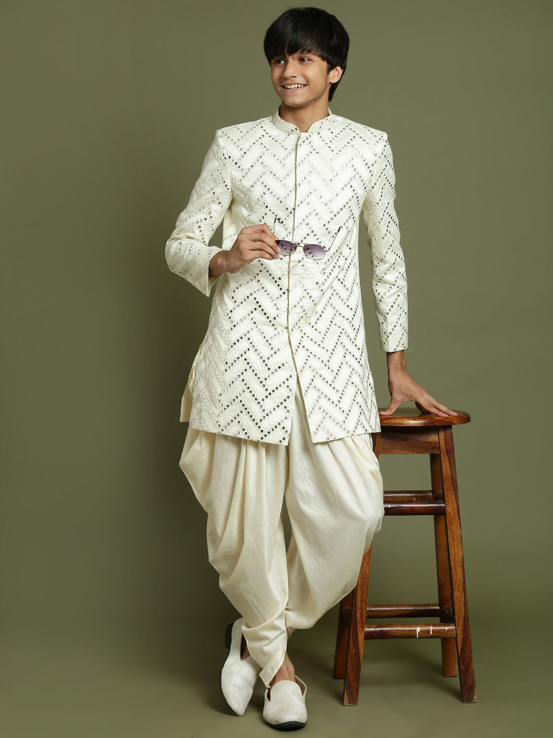 VASTRAMAY Boys Cream-Colored Mirror Work Embellished Slim Fit Sherwani Set