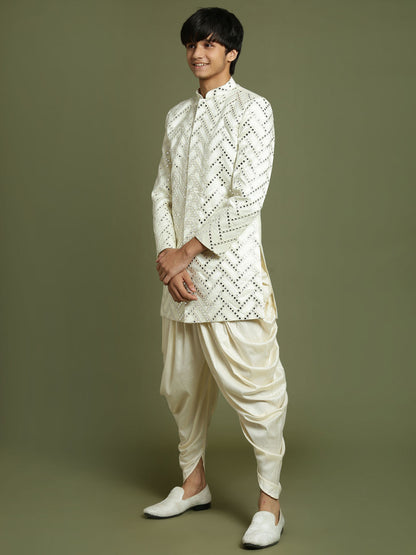 VASTRAMAY Boys Cream-Colored Mirror Work Embellished Slim Fit Sherwani Set