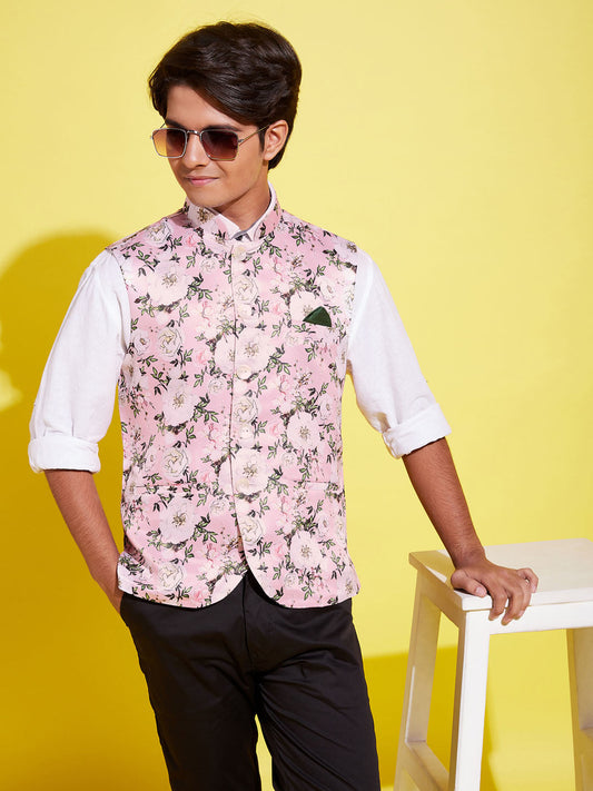 VASTRAMAY Boys Multicolor-Base-Pink Floral Printed Nehru Jacket