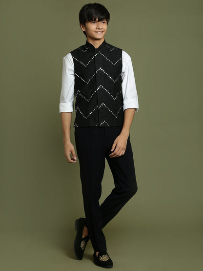 VASTRAMAY Boys' Black Mirror Work Ethnic Jacket