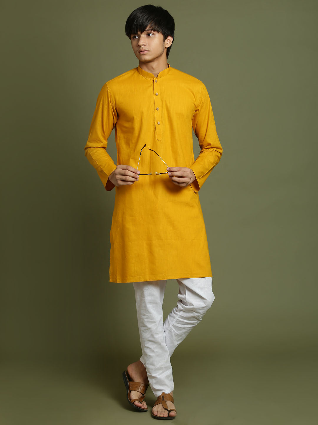 VASTRAMAY Boys Mustard And White Kurta Pyjama Set