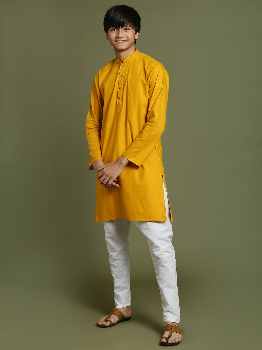 VASTRAMAY Boys Mustard And White Kurta Pyjama Set