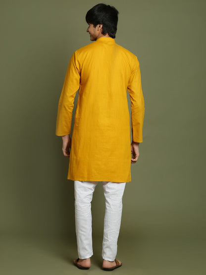 VASTRAMAY Boys Mustard And White Kurta Pyjama Set