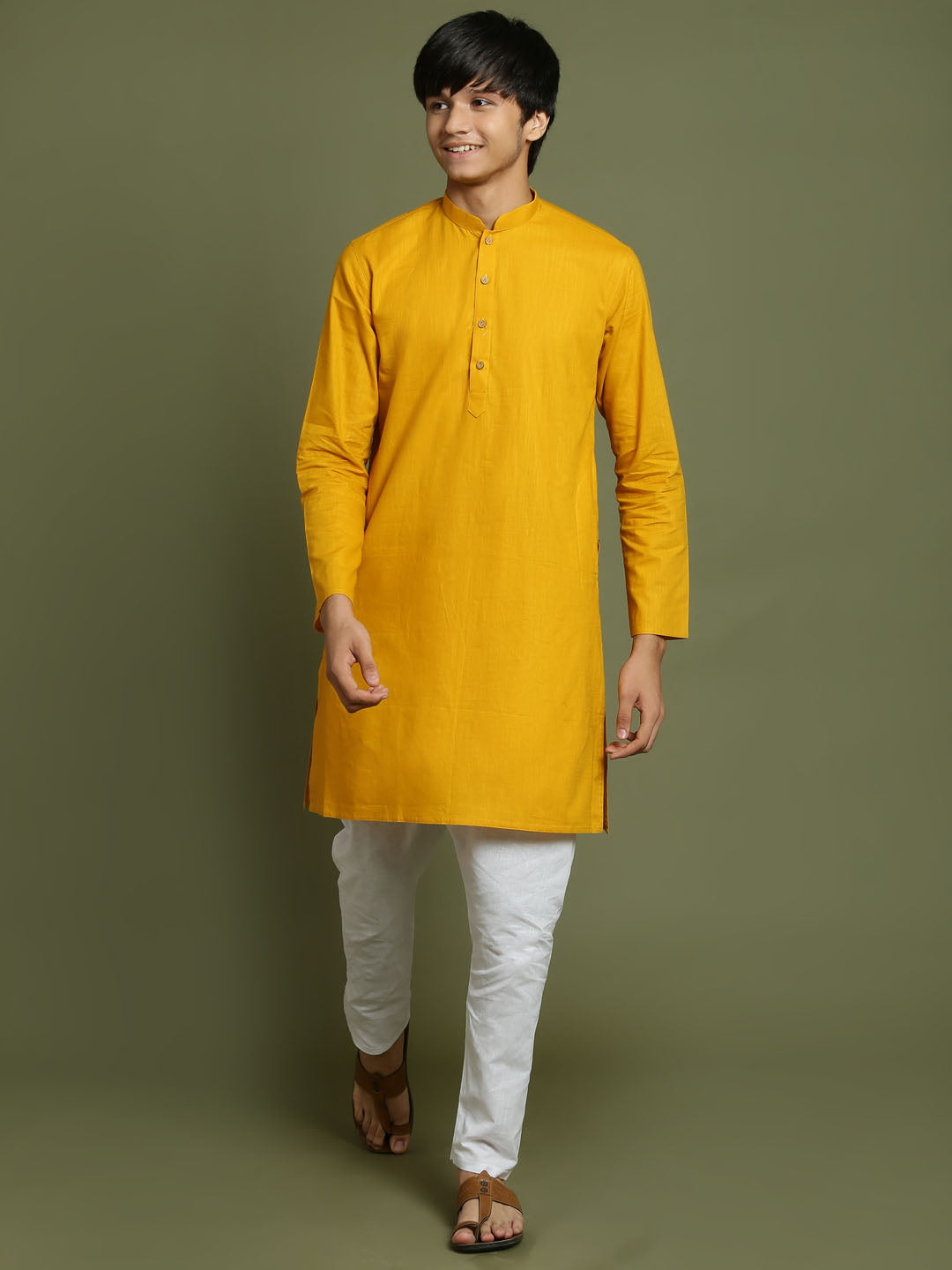 VASTRAMAY Boys Mustard And White Kurta Pyjama Set