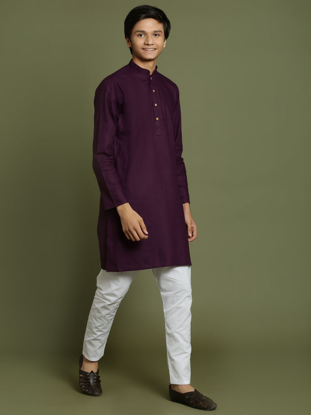 VASTRAMAY Boys Purple And White Kurta Pyjama Set