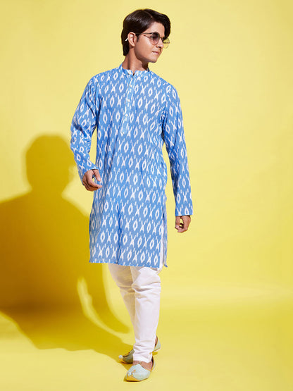 VASTRAMAY Boys Traditional Ikkat Print Flat Collar Kurta