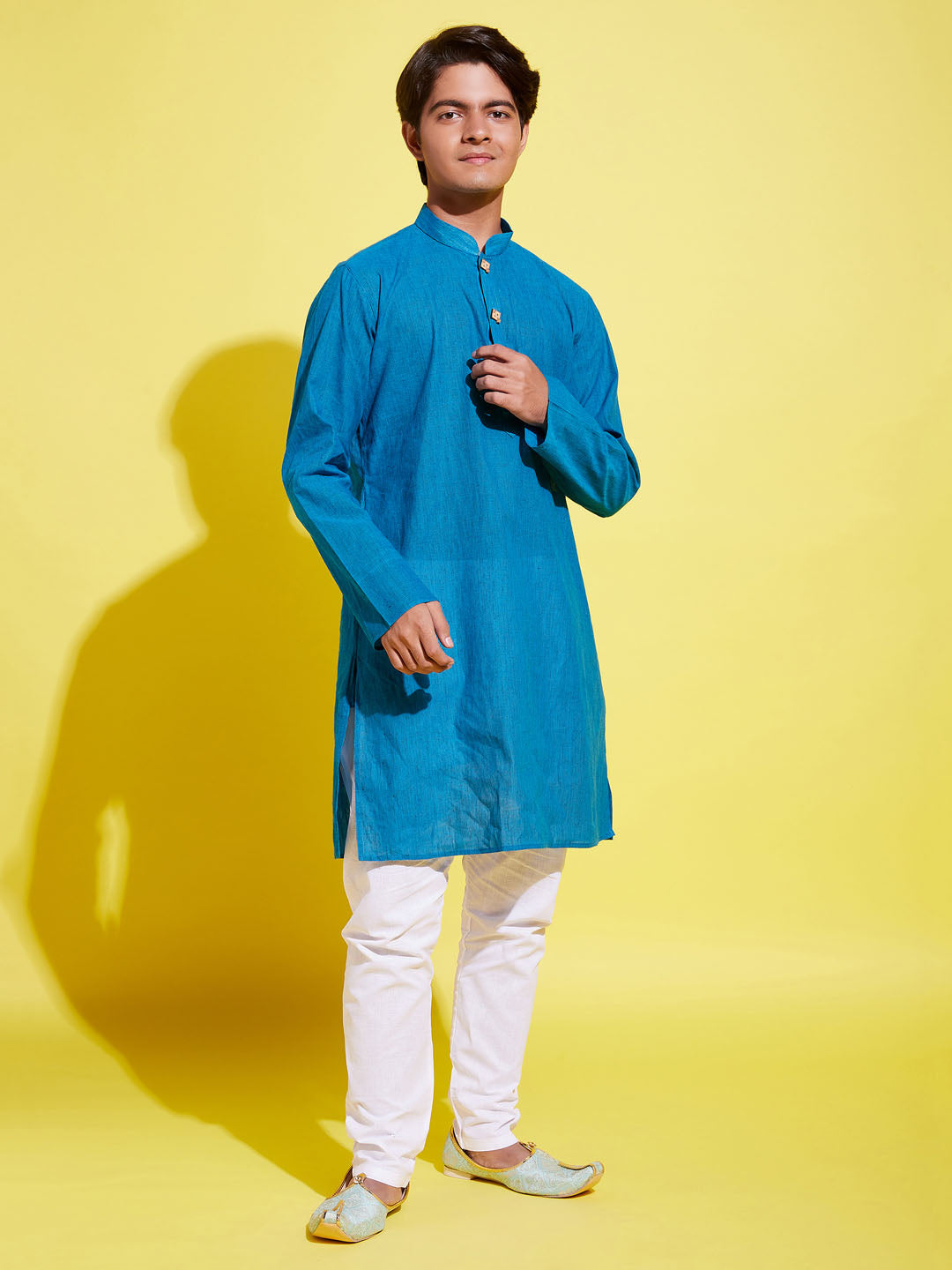 YUVA BY Vastramay Boy's Light Blue Cotton Kurta and Pyjama Set