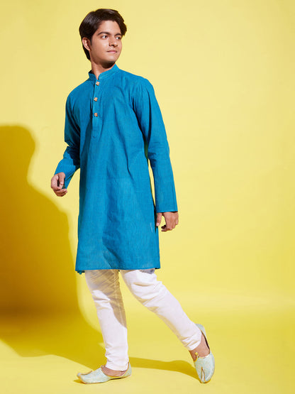 YUVA BY Vastramay Boy's Light Blue Cotton Kurta and Pyjama Set