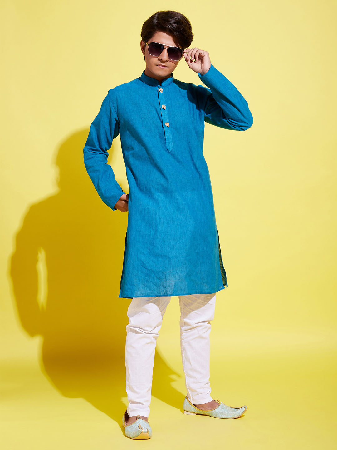 YUVA BY Vastramay Boy's Light Blue Cotton Kurta and Pyjama Set