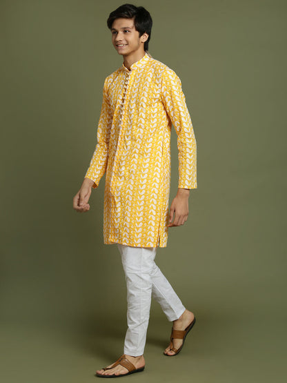 VASTRAMAY Boys' Orange Chaikankari Kurta With White Pyjama Set