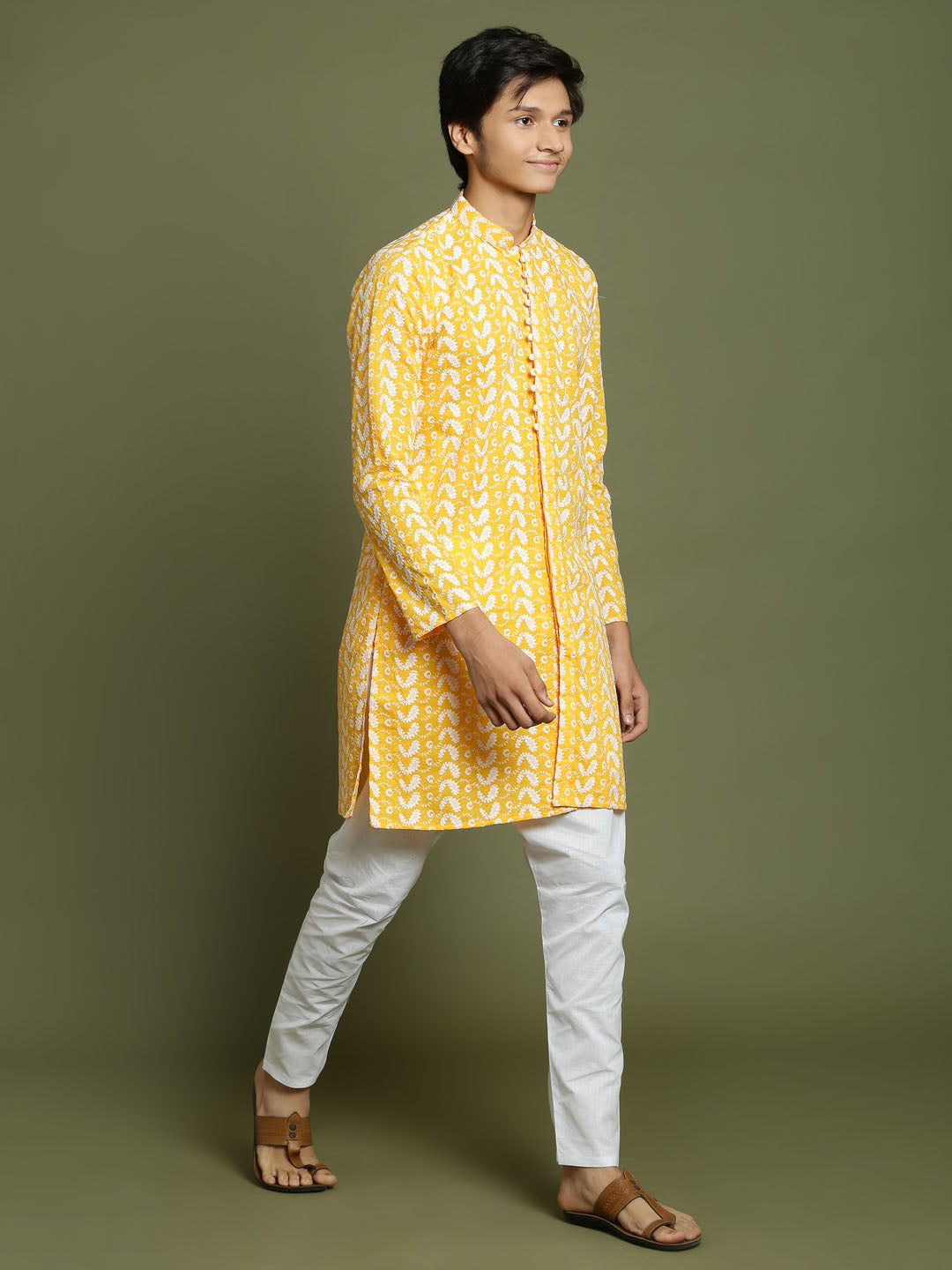 VASTRAMAY Boys' Orange Chaikankari Kurta With White Pyjama Set