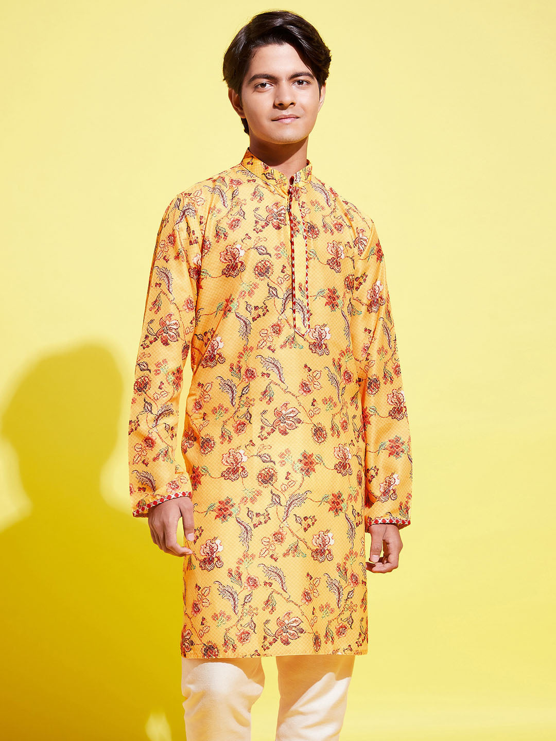 Vastramay Boys' Multicolor-Base-Mustard And Cream Kurta