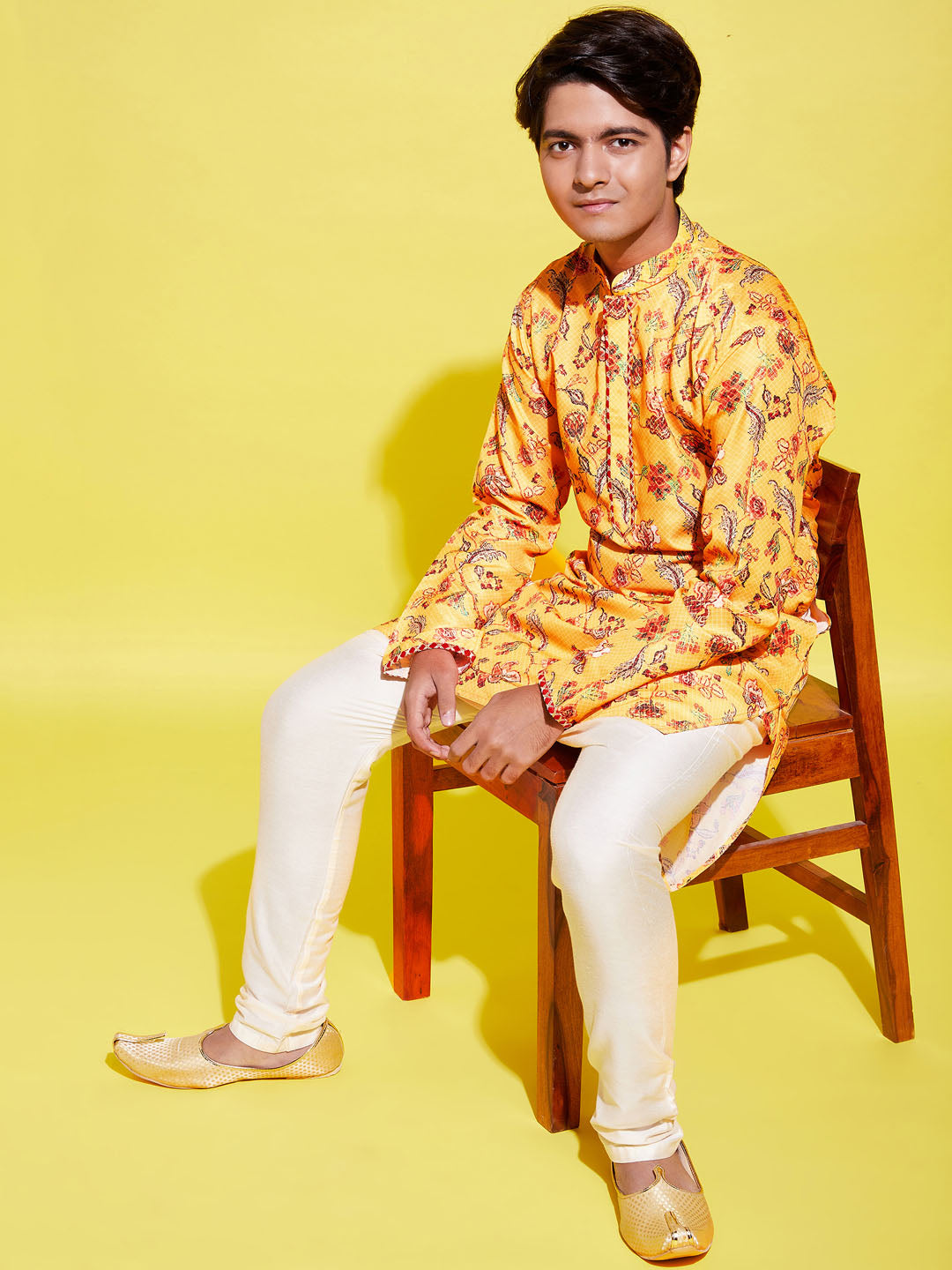 Vastramay Boys' Multicolor-Base-Mustard And Cream Kurta