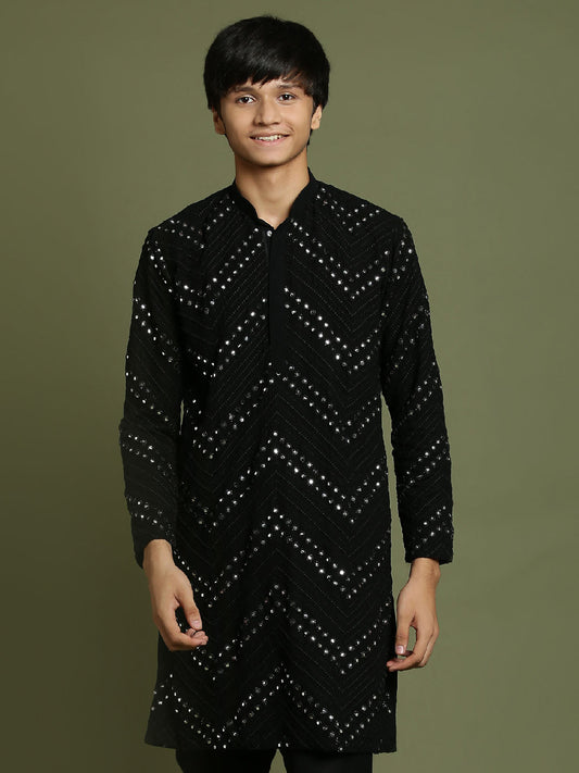 VASTRAMAY Boys Black Mirror Work Georgette Kurta