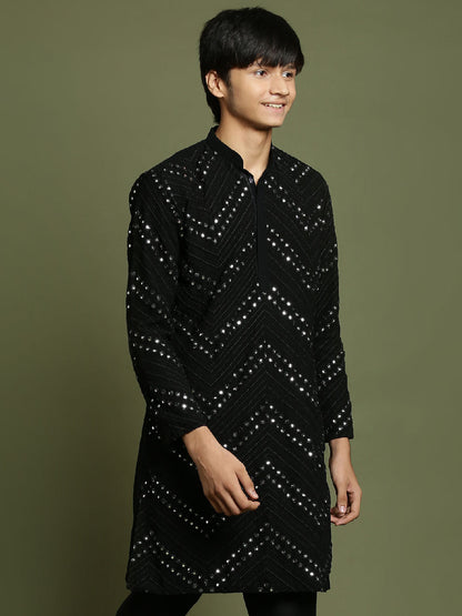 YUVA By VASTRAMAY Boys Black Mirror Work Georgette Kurta