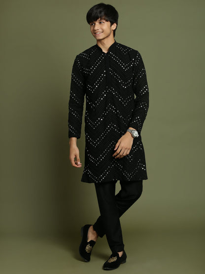 VASTRAMAY Boys Black Mirror Work Georgette Kurta And Pyjama Set