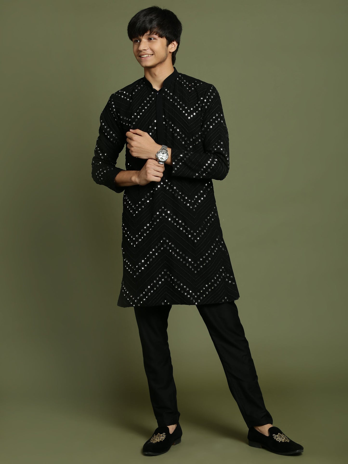 VASTRAMAY Boys Black Mirror Work Georgette Kurta And Pyjama Set