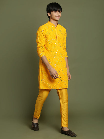 VASTRAMAY Boys Yellow Mirror Work Georgette Kurta And Pyjama Set