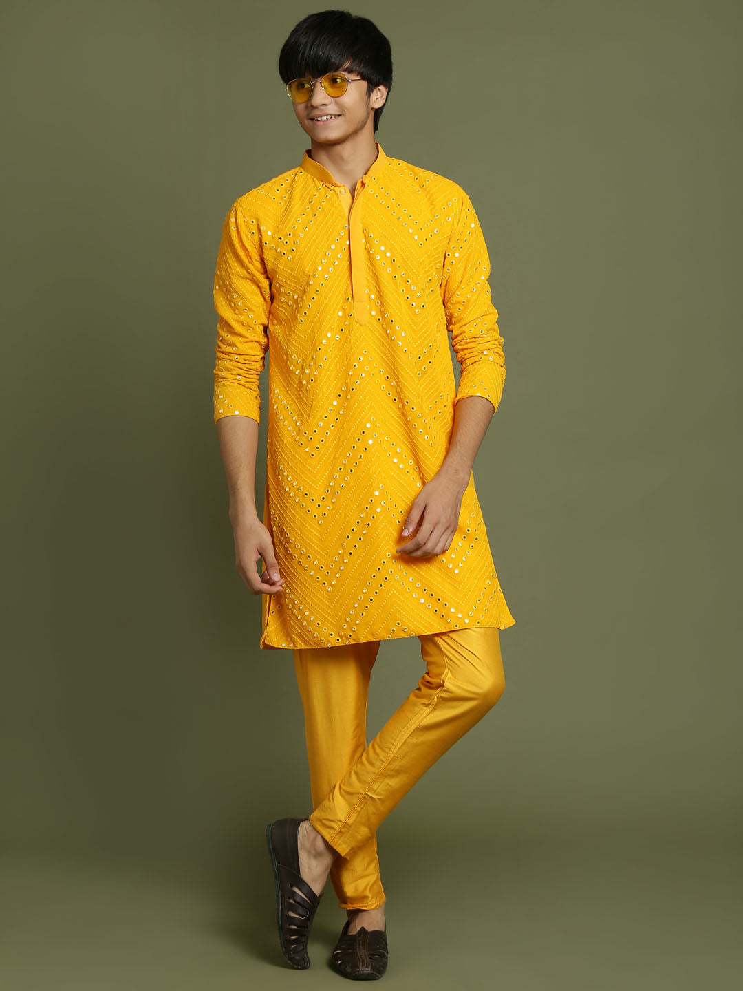 VASTRAMAY Boys Yellow Mirror Work Georgette Kurta And Pyjama Set