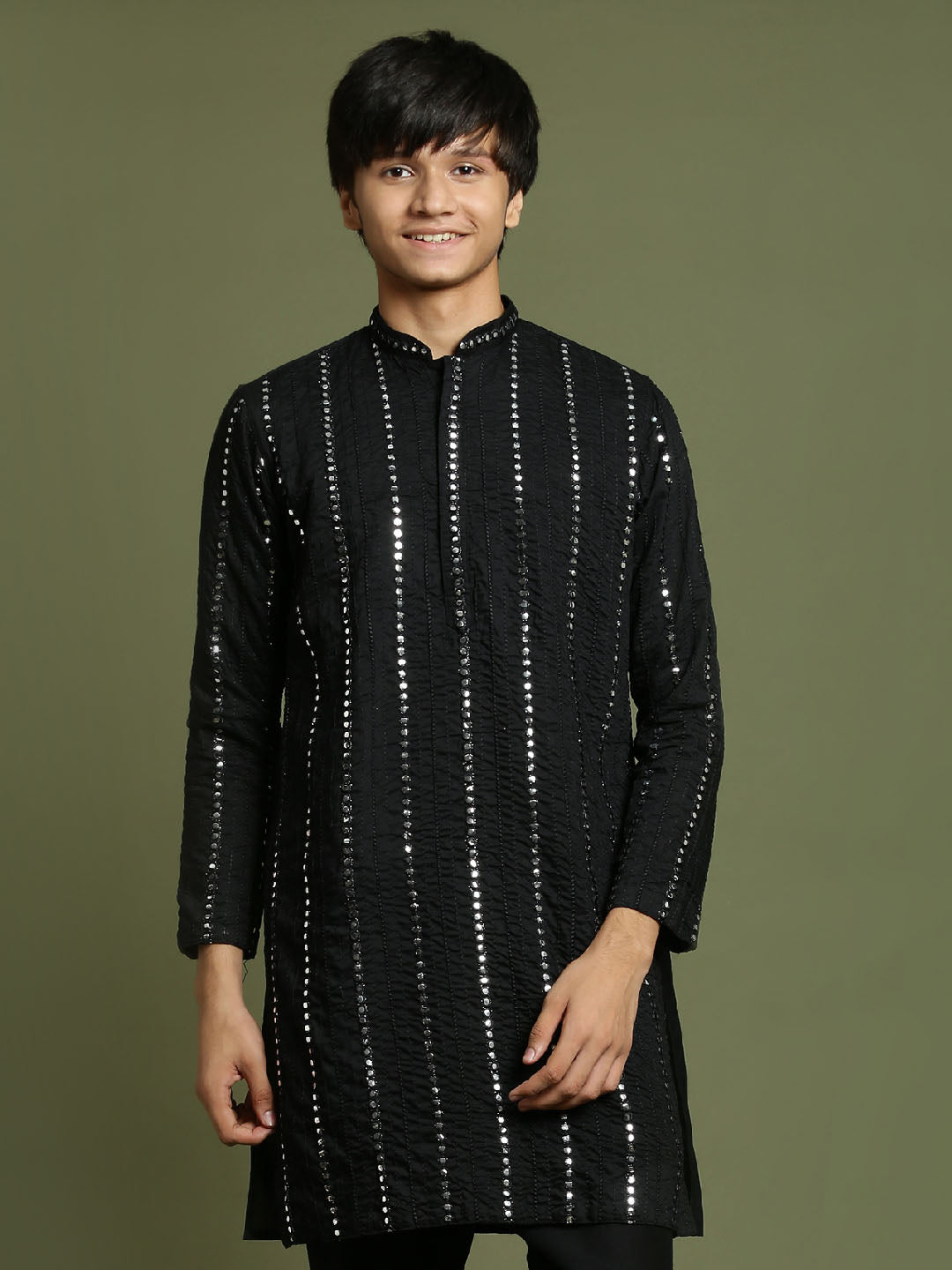 YUVA By VASTRAMAY Boys Black Mirror Work Viscose Kurta