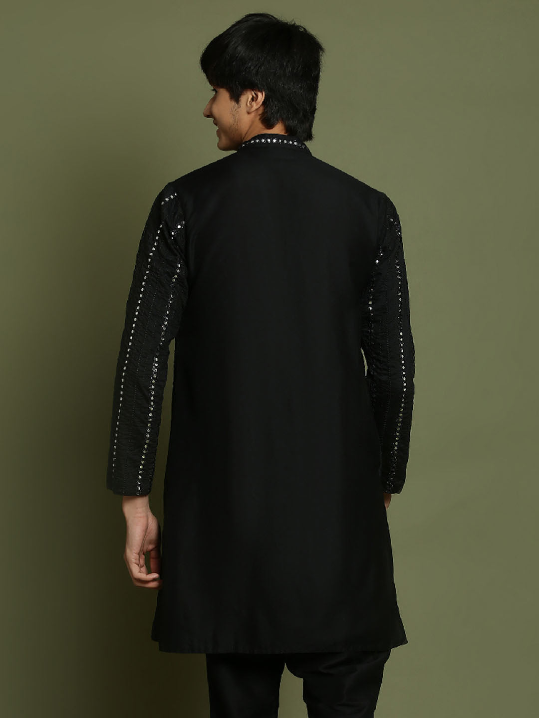 YUVA By VASTRAMAY Boys Black Mirror Work Viscose Kurta