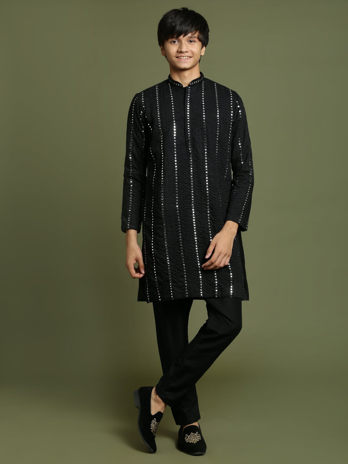 YUVA By VASTRAMAY Boys Black Mirror Work Viscose Kurta And Pyjama Set