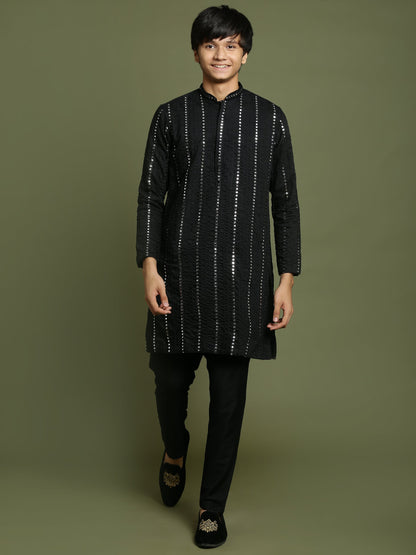 YUVA By VASTRAMAY Boys Black Mirror Work Viscose Kurta And Pyjama Set