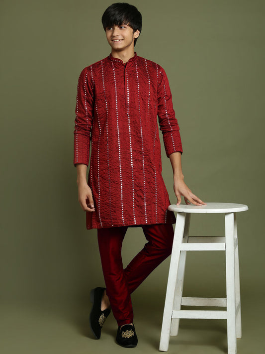 VASTRAMAY Boys maroon Embroidered Vertical Mirror Work Kurta With Pyjama Set