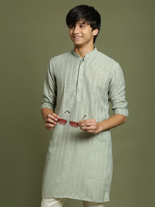 VASTRAMAY Boys' Green Striped With Sequin Worked Kurta