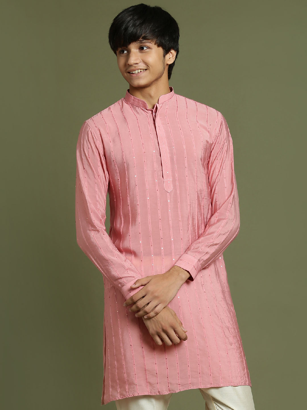 VASTRAMAY Boys' Purple Striped With Sequin Worked Kurta