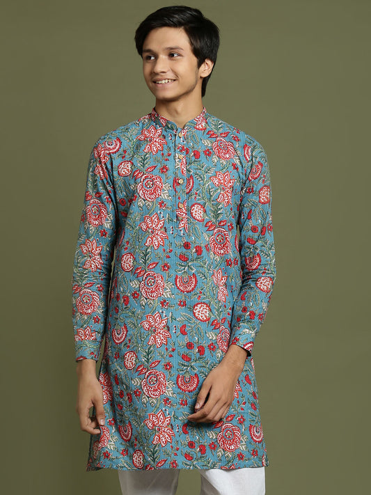 YUVA BY VASTRAMAY Boys Kalamkari Print Kantha stitch Kurta