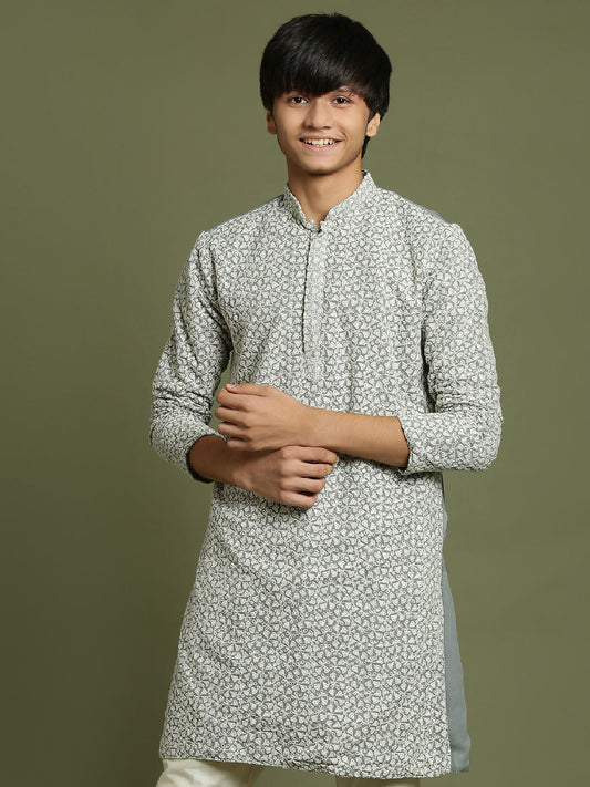 YUVA BY VASTRAMAY Boys' Grey Georgette Chikankari