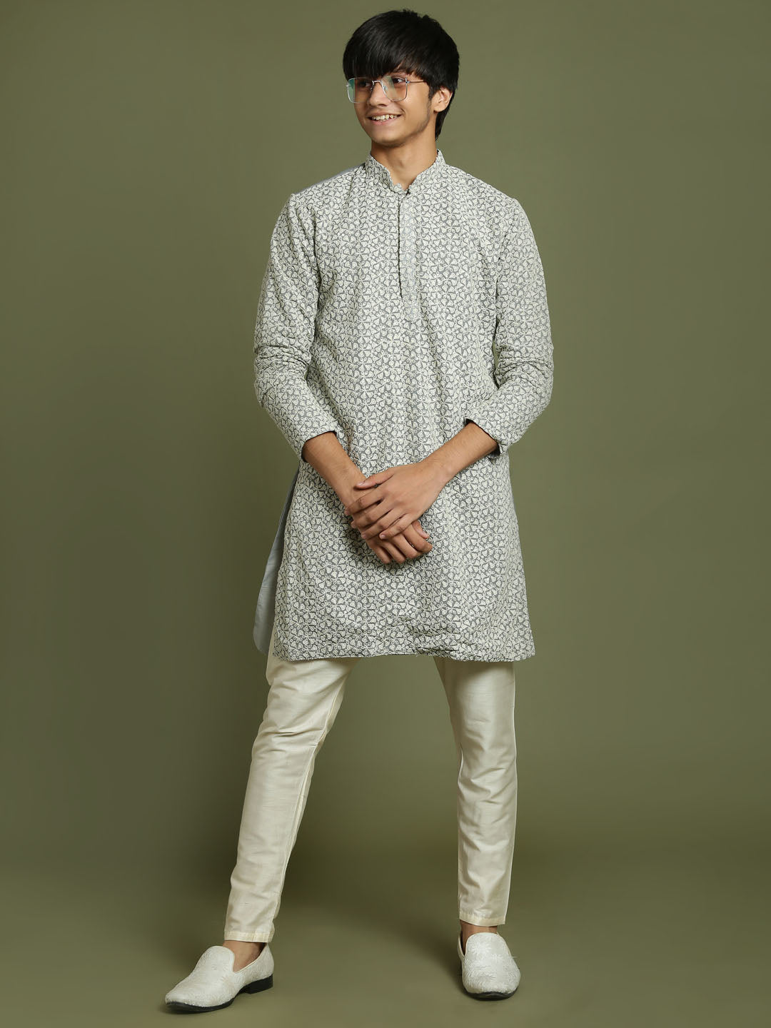 VASTRAMAY Boys' Grey Georgette Chikankari Kurta Pyjama Set