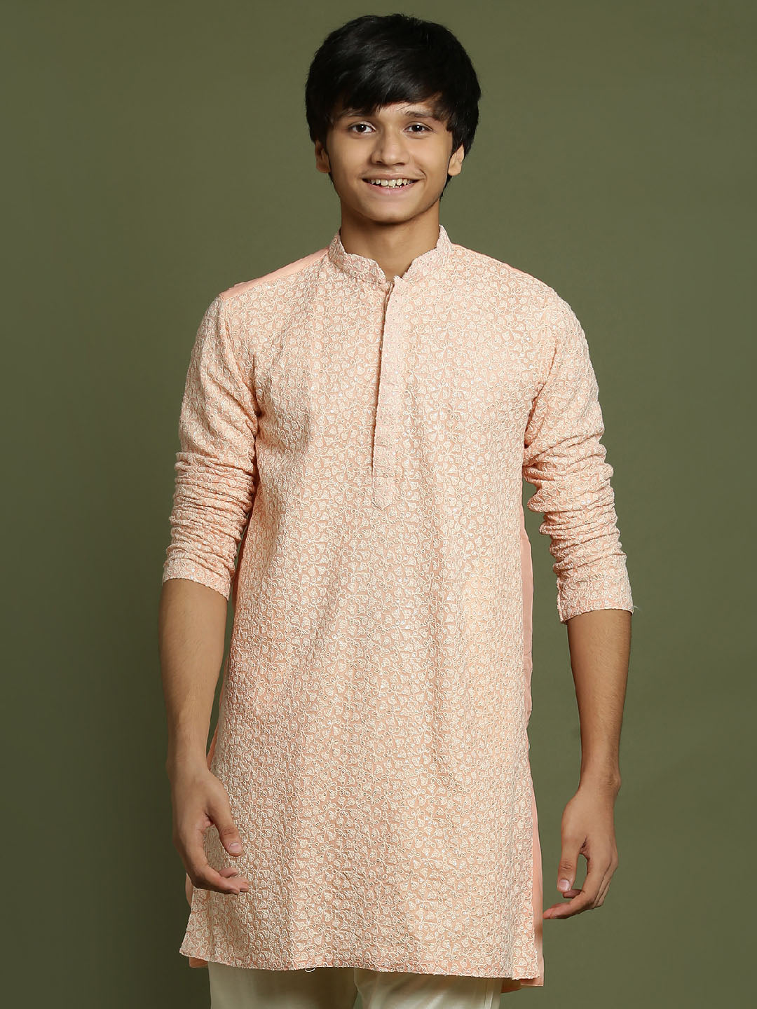 YUVA BY VASTRAMAY Boys' Pink Georgette Chikankari