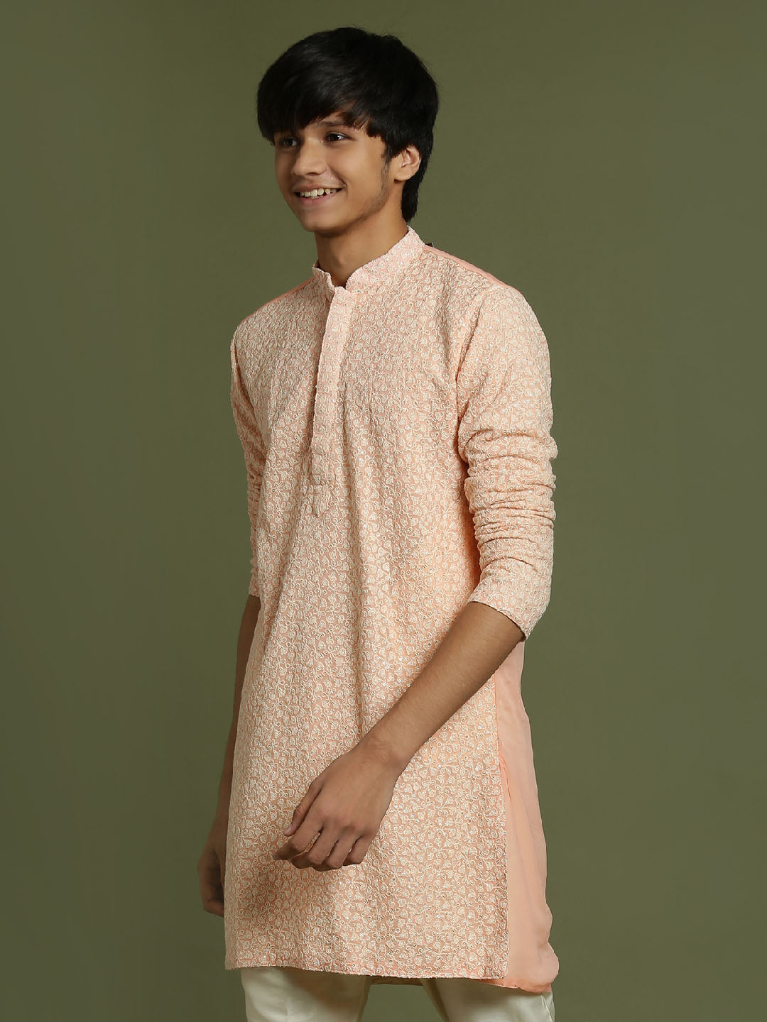 YUVA BY VASTRAMAY Boys' Pink Georgette Chikankari